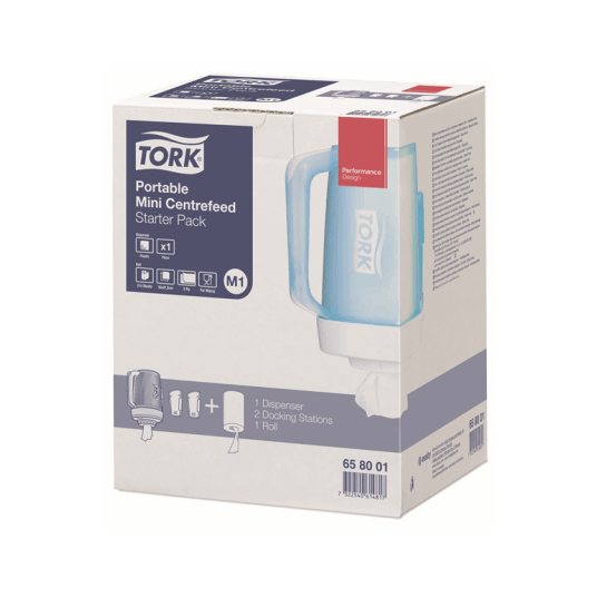 Dozownik TORK M1 PerformanceMini przenośny do ręczników wariant startowy z wkładem 101221 + 2 stacje dokujące biało-turkusowy