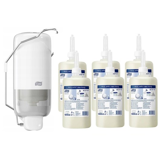 Dozownik TORK S1 do mydła w płynie z łokciownikiem biały + 6x Mydło TORK S1 Prem. w płynie