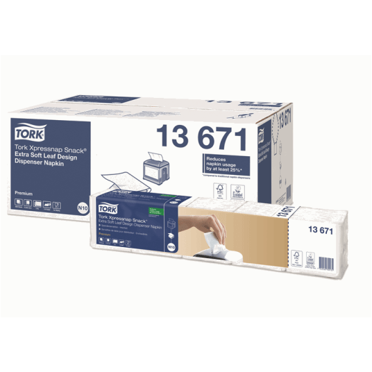 Serwetki TORK N10 Xpressnap Snack® Celuloza ekstra miękkie, dyspenserowe, składane w 1/4 białe z dekorem 2w 500o [Karton: 8 opak.]