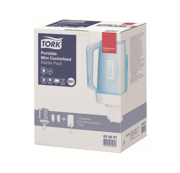 Dozownik TORK M1 PerformanceMini przenośny do ręczników wariant startowy z wkładem 101221 + 2 stacje dokujące biało-turkusowy