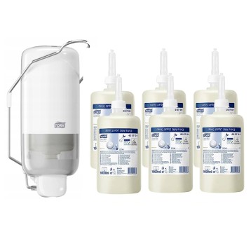 Dozownik TORK S1 do mydła w płynie z łokciownikiem biały + 6x Mydło TORK S1 Prem. w płynie